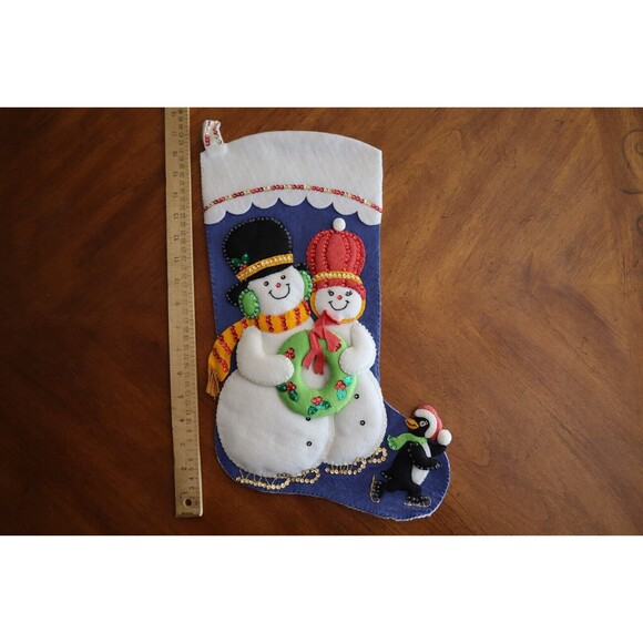 Vtg SNOWMAN 20" Handmade Felt Applique Puffy Stocking Penguin FINISHED - Picture 2 of 11